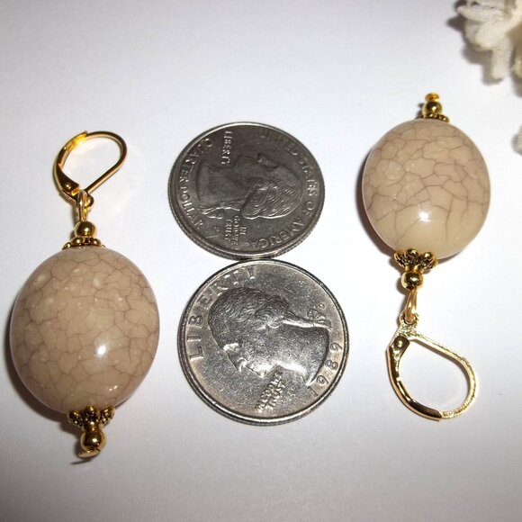 Tan Statement Earrings Gold Dangle Drop Beaded Jewelry Gift Set Woman Oval C763 - Picture 3 of 6